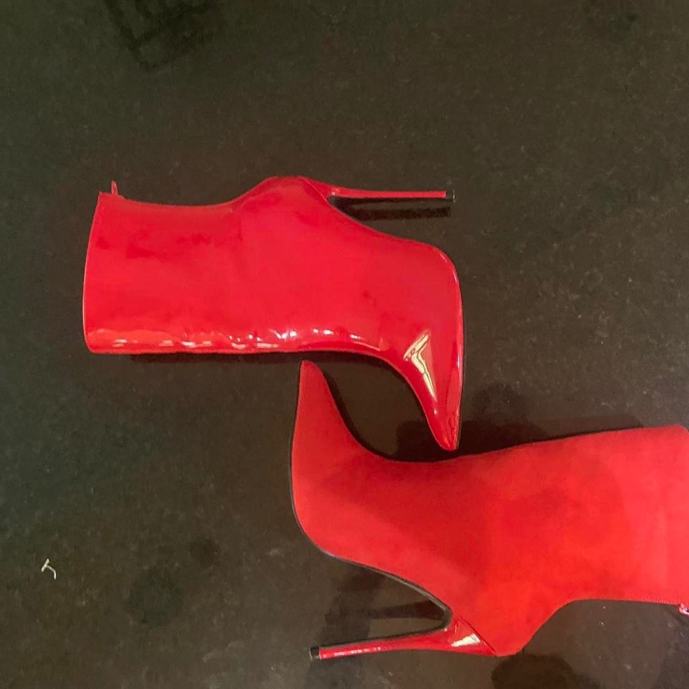 Red pleather & suede high heeled ankle boots